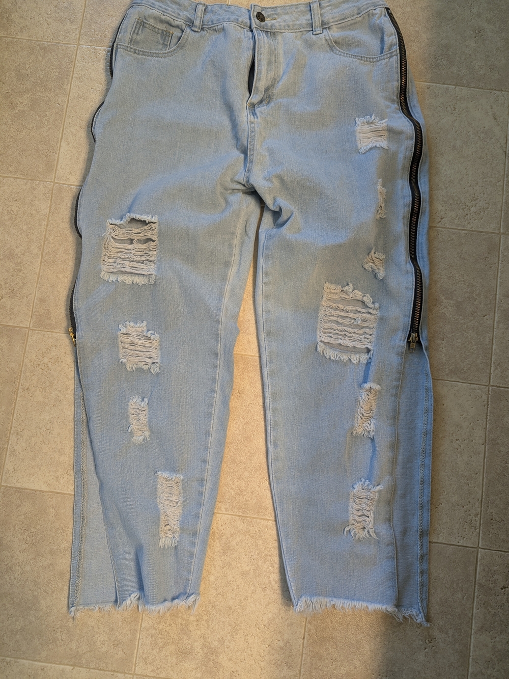 Light Blue Distressed Women’s Jeans with Side Zipper